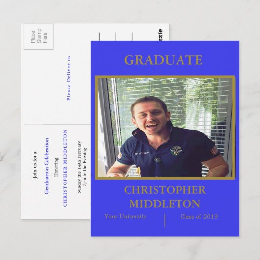 Afstuderen Foto Modern Gold Blue Party Briefkaart (Voorkant / Achterkant)