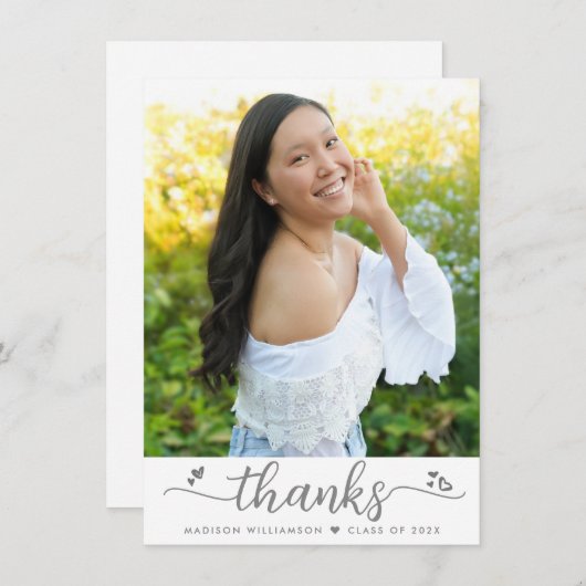 Afstuderen Foto Modern legant Script Heart White Bedankkaart (Voorkant / Achterkant)