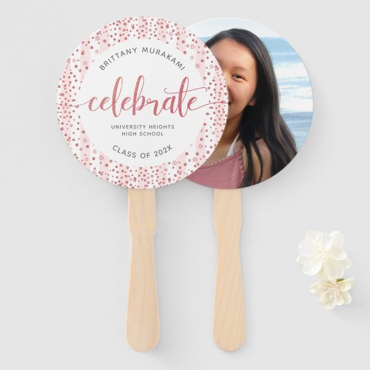 Afstuderen foto modern roos gouden script keepomwi handwaaier (Voorkant en achterkant)