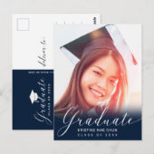 Afstuderen Foto Modern Script Blue Invitation Briefkaart (Voorkant / Achterkant)