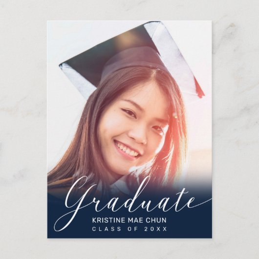 Afstuderen Foto Modern Script Blue Invitation Briefkaart (Voorkant)
