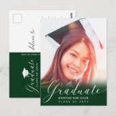 Afstuderen Foto Modern Script Green Invitation Briefkaart (Voorkant / Achterkant)