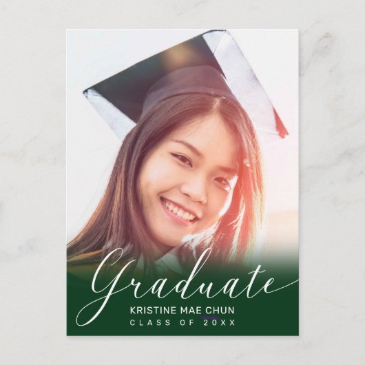 Afstuderen Foto Modern Script Green Invitation Briefkaart (Voorkant)