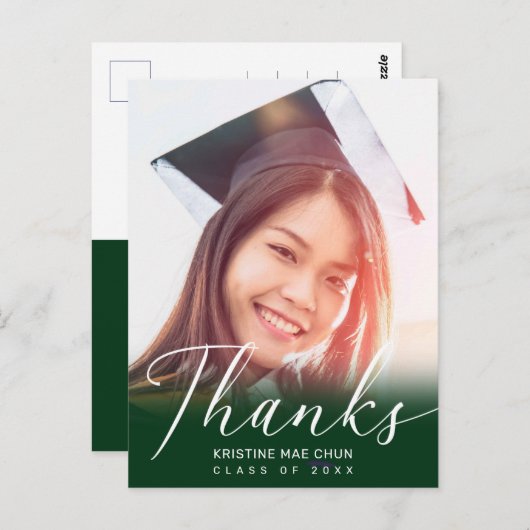 Afstuderen Foto modern script groen bedankt Briefkaart (Voorkant / Achterkant)