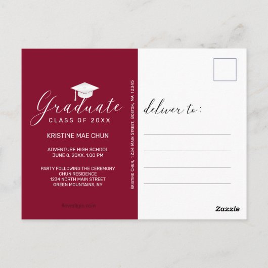 Afstuderen Foto Modern Script Maroon Invitation Briefkaart (Achterkant)