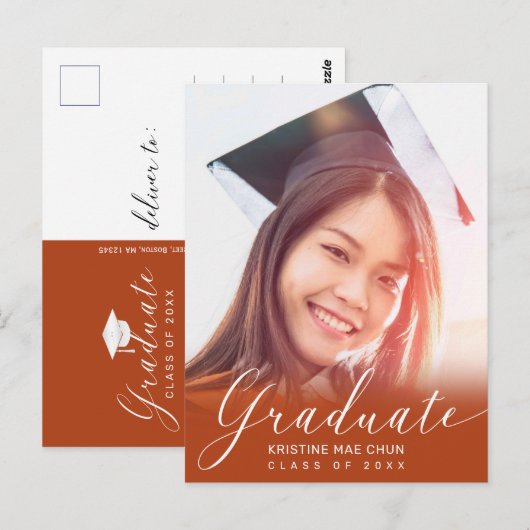 Afstuderen Foto Modern Script Oranje Invitation Briefkaart (Voorkant / Achterkant)