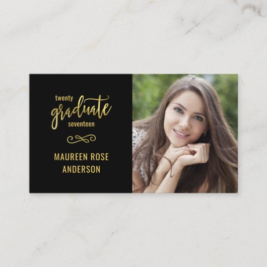 Afstuderen Foto Name Cards Faux Gold Foil Script Contactkaartje (Voorkant)