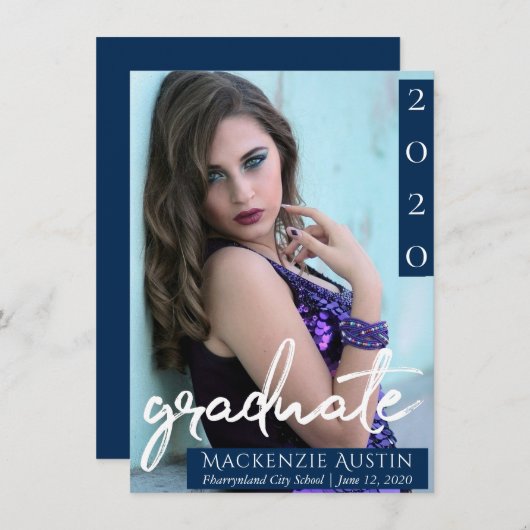 Afstuderen foto | Navy Script Donkerblauw Keepsake Aankondiging (Voorkant / Achterkant)