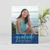 Afstuderen foto navy streept modern script girly kaart (Staand voorkant)