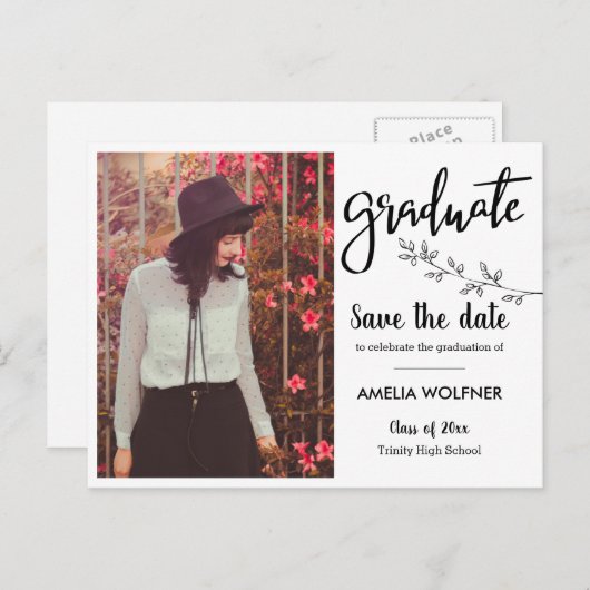 Afstuderen foto | Opslaan van de datum Elegant Bot Aankondigingskaart (Voorkant / Achterkant)