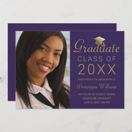 Afstuderen Foto Paars Gold Afstudeerder Pet Script Aankondiging (Voorkant / Achterkant)