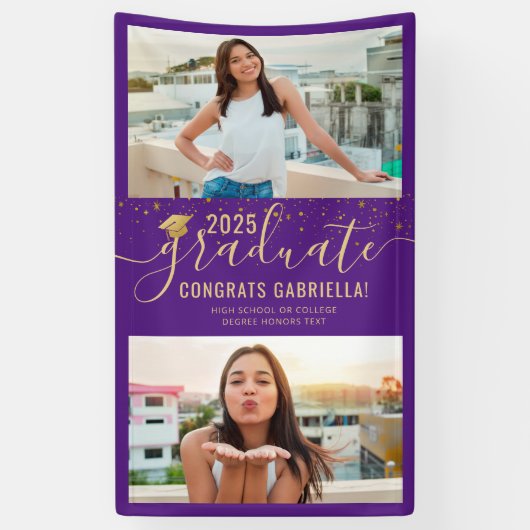 Afstuderen Foto Paars Gold Confetti Banner (Verticaal)