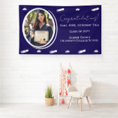 Afstuderen Foto & Pet, Diploma Congrats Donkerblau Spandoek (Insitu)