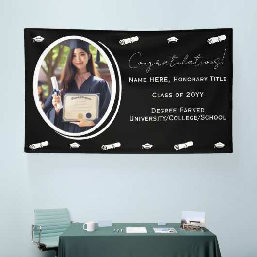 Afstuderen Foto & Pet, Diploma in zwart-wit Spandoek (Beurs)