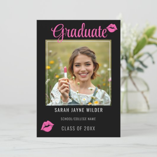 Afstuderen foto Pink Lips Kisses Afstuderen Aankondiging (Staand voorkant)