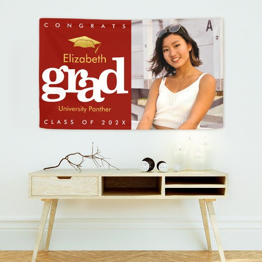 Afstuderen foto rood eenvoudig goud pet gedurfd spandoek