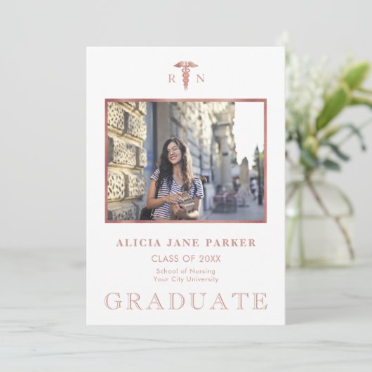 Afstuderen foto roos goud aankondiging (Staand voorkant)