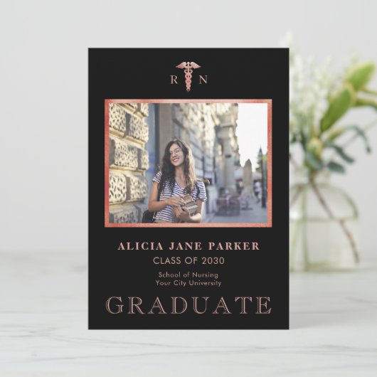 Afstuderen foto roos gouden zwart  aankondiging (Staand voorkant)