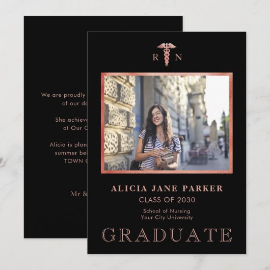 Afstuderen foto roos gouden zwart  aankondiging (Voorkant / Achterkant)