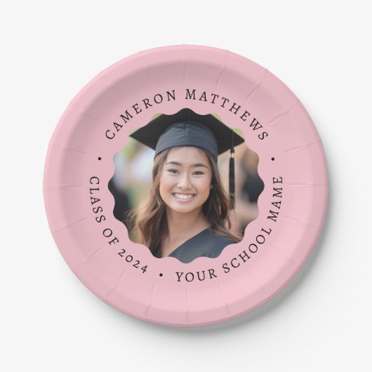 Afstuderen foto roze golvende rand afstuderen papieren bordje (Voorkant)