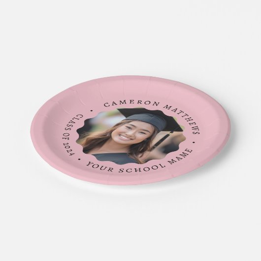 Afstuderen foto roze golvende rand afstuderen papieren bordje (Gekanteld)