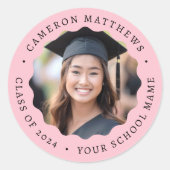 Afstuderen foto roze golvende rand afstuderen ronde sticker (Voorkant)