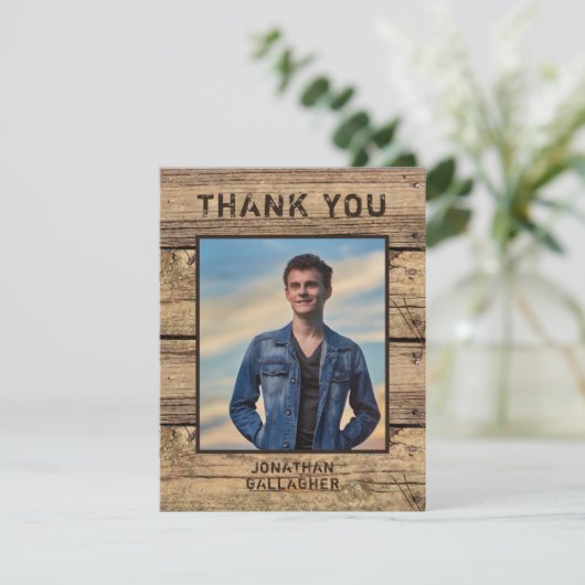 Afstuderen Foto Rustic Country Wood Dank je Bedankkaart (Staand voorkant)