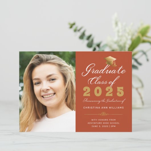 Afstuderen Foto Sinaasappel Gouden Script Klasse v Aankondiging (Staand voorkant)