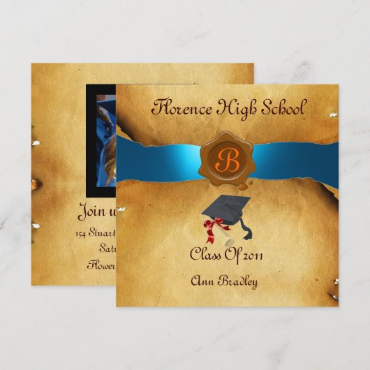 AFSTUDEREN FOTO-TEMPLATE PARCHMENT Blue Wax Seal Kaart (Voorkant / Achterkant)