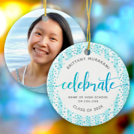 Afstuderen Foto Turquoise Glitter Script Keepsake Keramisch Ornament