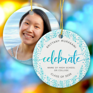 Afstuderen foto turquoise glitter script keepsake keramisch ornament