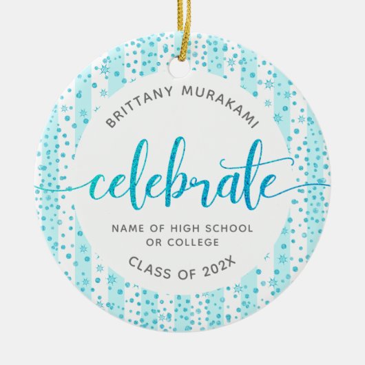 Afstuderen Foto Turquoise Glitter Script Keepsake Keramisch Ornament (Voorkant)