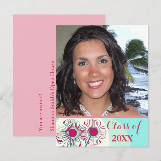 Afstuderen Foto Uitnodiging Roze Blauw Aqua Floral (Voorkant / Achterkant)