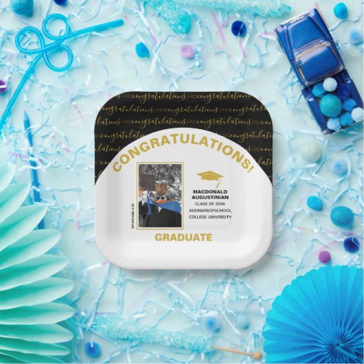 Afstuderen foto van Elegant Black Gold Papieren Bordje (Feest)