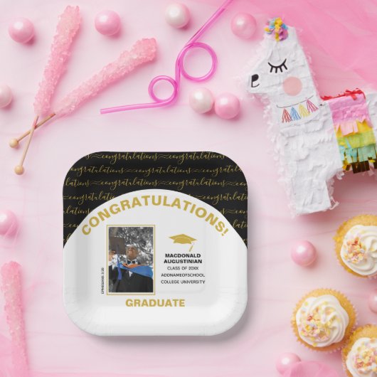 Afstuderen foto van Elegant Black Gold Papieren Bordje (Feest)