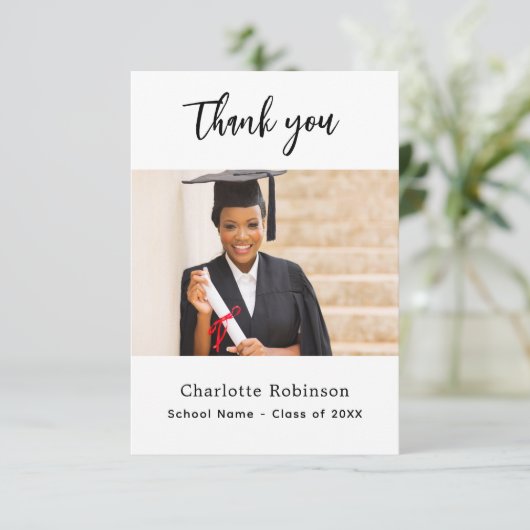 Afstuderen foto wit elegant bedankkaart (Staand voorkant)