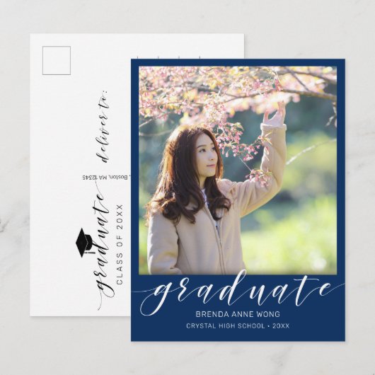 Afstuderen Foto Wit Script Royal Blue 2025 Aankondigingskaart (Voorkant / Achterkant)