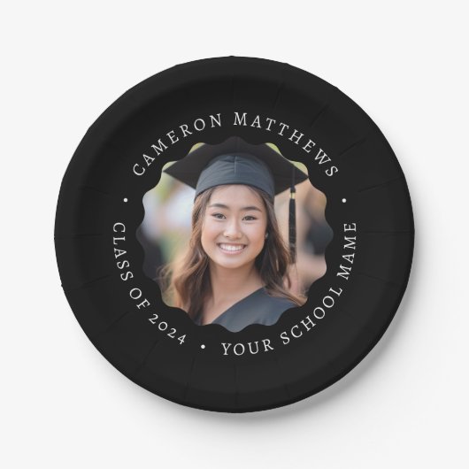 Afstuderen foto zwart golvende rand afstuderen papieren bordje (Voorkant)