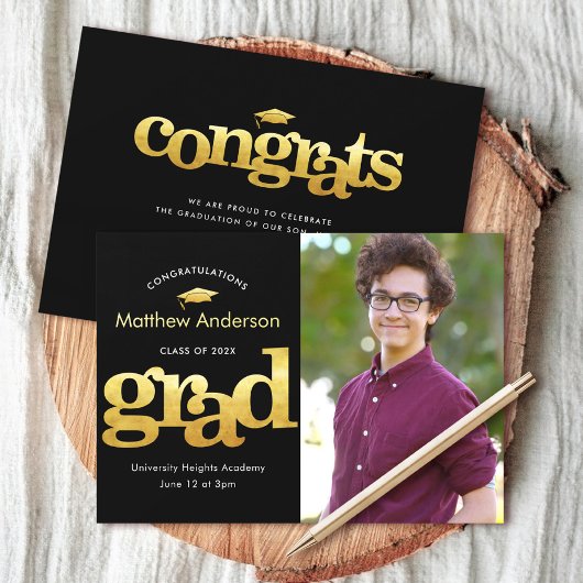 Afstuderen foto zwart goud modern vet grafiek aankondiging
