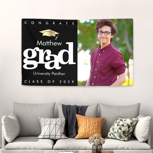 Afstuderen foto zwart goud pet gedurfd modern eenv spandoek
