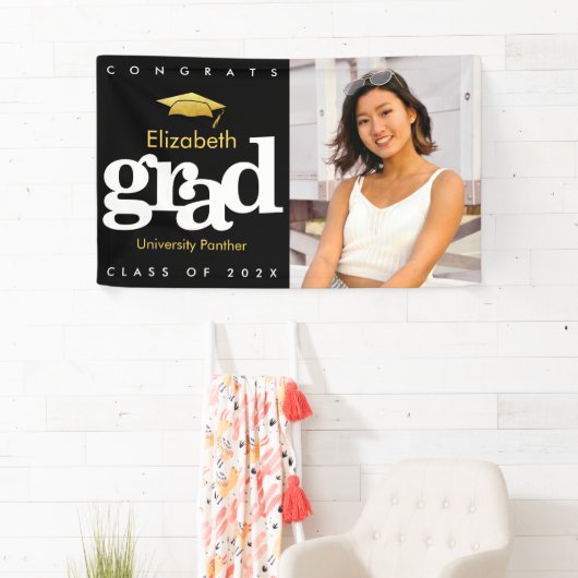 Afstuderen foto zwart goud pet simpel gedurfd spandoek (Insitu)