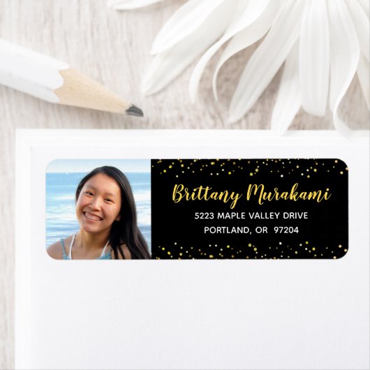 Afstuderen foto zwart gouden script glitter adres etiket (Insitu)