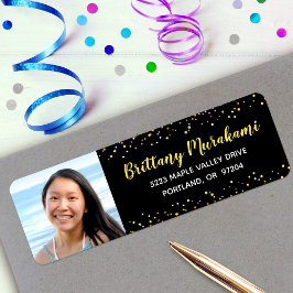 Afstuderen foto zwart gouden script glitter adres etiket
