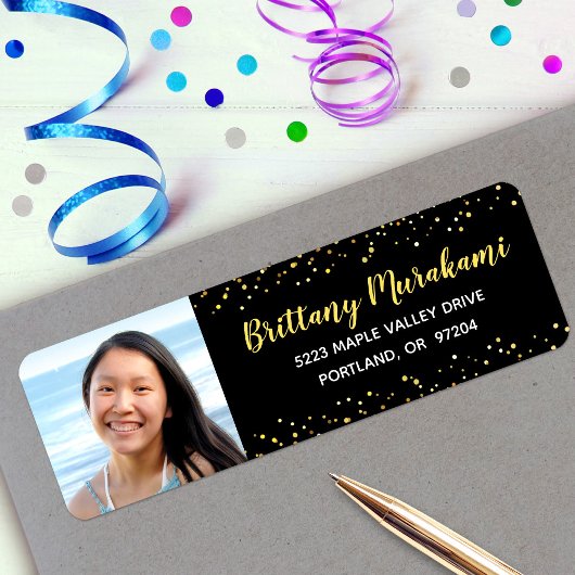 Afstuderen foto zwart gouden script glitter adres etiket