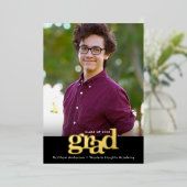 Afstuderen foto zwart vet typografie echt goud folie uitnodiging (Staand Voorkant)