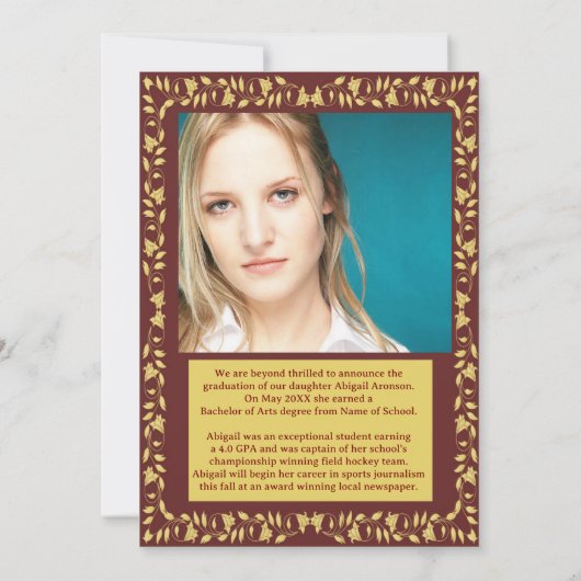 Afstuderen Fotoaankondiging Maroon en Gold Ivy Kaart (Achterkant)