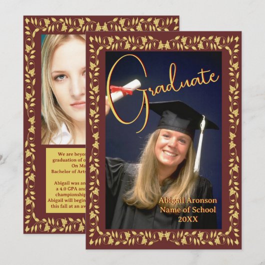 Afstuderen Fotoaankondiging Maroon en Gold Ivy Kaart (Voorkant / Achterkant)