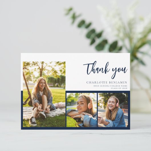 Afstuderen Fotocollage Modern Script Afstuderen Bedankkaart (Staand voorkant)