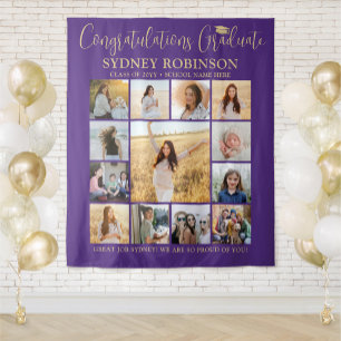 Afstuderen Fotocollage Paarse en gouden achtergron Wandkleed