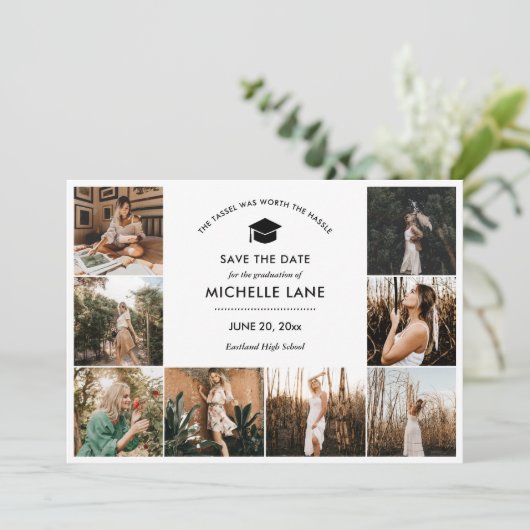 Afstuderen Fotocollage Sla de datum op Bedankkaart (Staand voorkant)